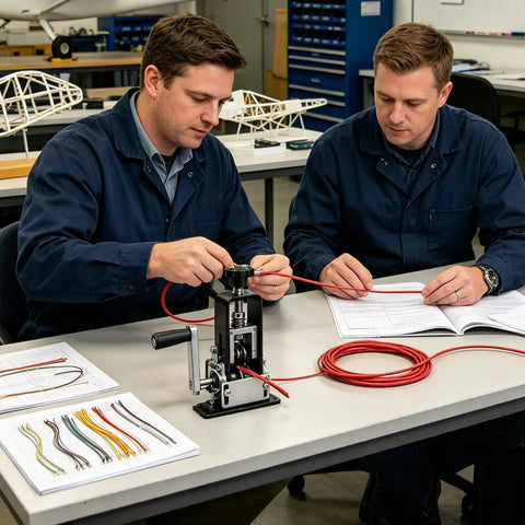 Two technicians using a Multifunction Electric Wire Stripper Dual Mode Hand Crank Drill powered tool for wire stripping.
