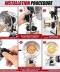 Installation steps for 12,000 To 18,000 BTU Propane Heater For Outdoor Use With Tank Top Portable Design shown with safety features.