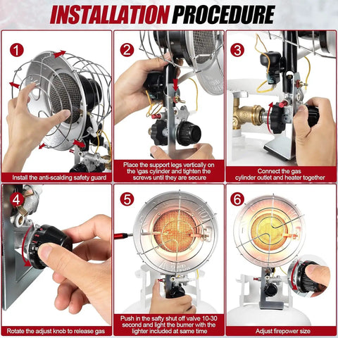 Installation steps for 12,000 To 18,000 BTU Propane Heater For Outdoor Use With Tank Top Portable Design shown with safety features.