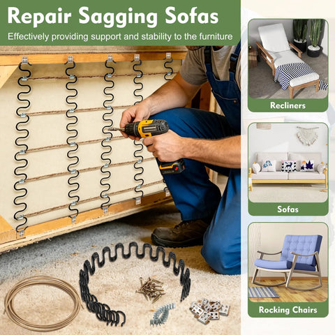 Four Pack Heavy Duty Couch Spring Repair Kit To Fix Saggy Sofas Quick Upholstery Seat Replacement Parts Keeping Your Living Room Looking Fresh Rock Solid And Reliable installation with S coil springs and hardware.