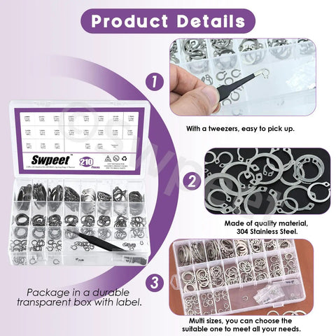 Shop Approved Stainless Steel External Circlip Assortment Kit with tweezers in a labeled transparent box for quick fixes.