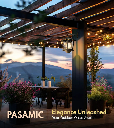Outdoor patio with Two Pack Solar Wall Lanterns, dusk to dawn LED sconces, anti rust, waterproof, enhancing evening ambiance.