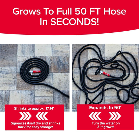 Pocket Hose 50 ft expandable garden hose with red nozzle; left shows coiled, right shows expanded to 50 ft.