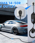 Top Shelf Heavy Duty Nema 14 50R Socket For 50 Amp EV Charging At 125 250V with EV charging cable attached to a car.