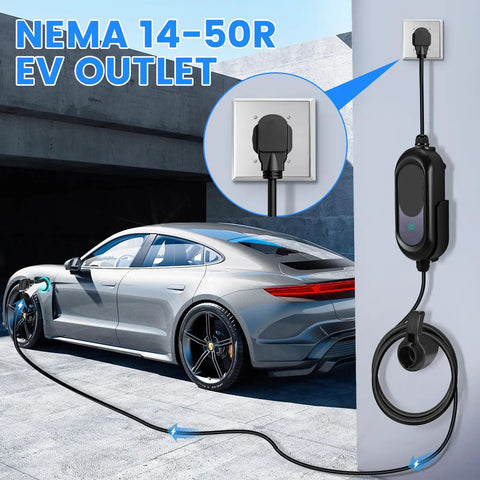 Top Shelf Heavy Duty Nema 14 50R Socket For 50 Amp EV Charging At 125 250V with EV charging cable attached to a car.
