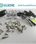559 Piece Punk Studs And Spikes Kit With Cone Square Pyramid And Circular Rivets for DIY Clothing, tools and wristbands shown