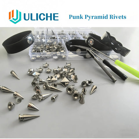 559 Piece Punk Studs And Spikes Kit With Cone Square Pyramid And Circular Rivets for DIY Clothing, tools and wristbands shown