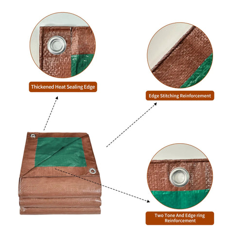 Detail of 5x7 Ft Waterproof Tarp Built With 7 Mil Thick Poly, highlighting heavy duty grommets and reinforced edges, green-brown color