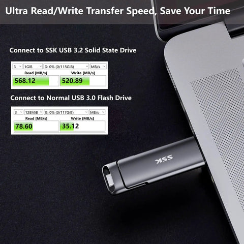 1TB USB C And USB A External SSD With 550MBps Fast Transfer connected to laptop showing speed comparison with flash drive