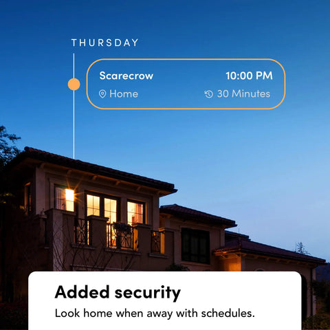 House exterior with schedule overlay at 10:00 PM showing Wi-Fi Smart Infrared BR30 LED Bulb With 1100 Lumens, scenes marked "Scarecrow."
