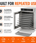 Big League 12 Tray Commercial Food Dehydrator Machine 800 Watts with stainless steel removable trays and easy cleanup features.