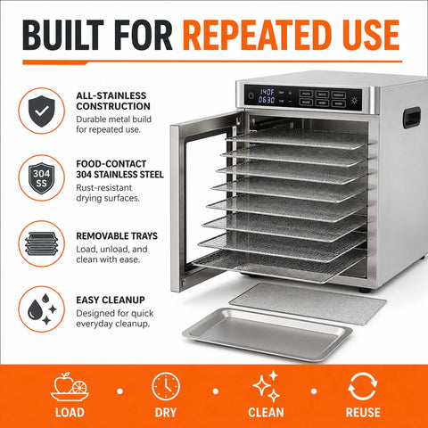 Big League 12 Tray Commercial Food Dehydrator Machine 800 Watts with stainless steel removable trays and easy cleanup features.
