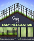 Installation guide for No Dig Fence Panels 14 Pack, showing fence partially installed with rubber hammer and cable ties use.