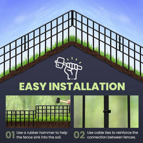 Installation guide for No Dig Fence Panels 14 Pack, showing fence partially installed with rubber hammer and cable ties use.