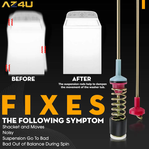 Heavy Duty Washer Suspension Rod Damper Kit For Top Load Models Replacement Set of 4 showing before and after installation effect.