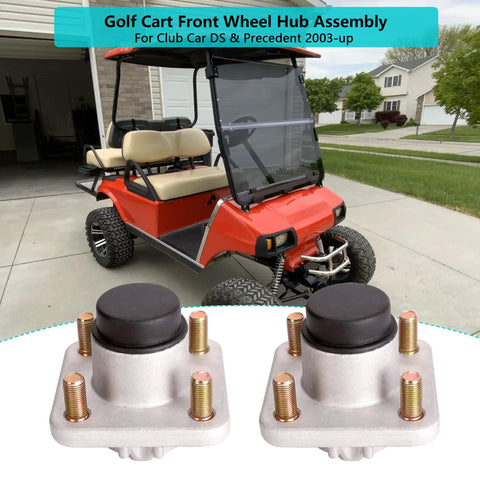 2 Pack Front Wheel Hub Assembly For Club Car DS And Precedent Golf Carts 2003 And Up, shown with orange golf cart