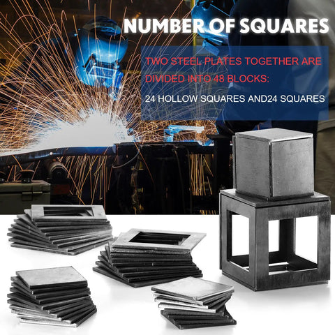 48 Piece Welding Practice Kit With 11 Gauge Steel Coupons 2x2 And 3x3 In For Beginner Welders, stacked steel squares and cuboids