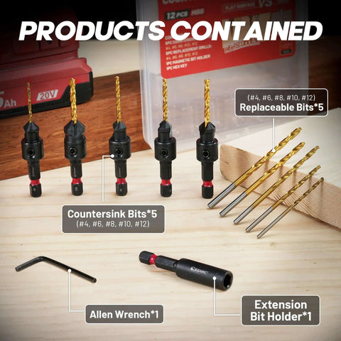 EZARC Countersink Drill Bit Set, 12‑pc with magnetic extension bit holder and storage box