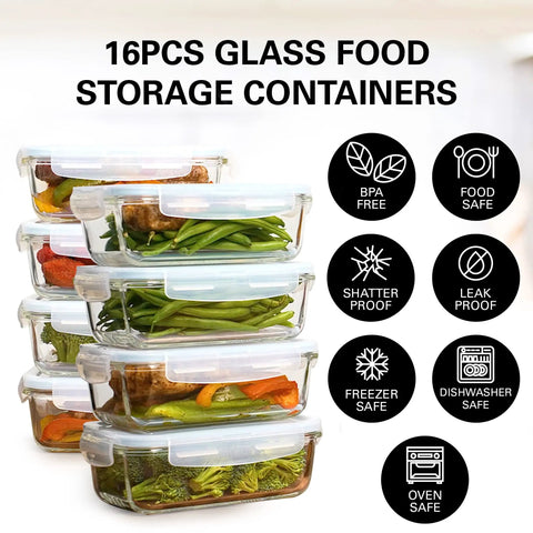 16 Piece Glass Meal Prep Set With 8 Containers Each 30 Oz stacked with lids, shown with safety icons, BPA free, leak proof.
