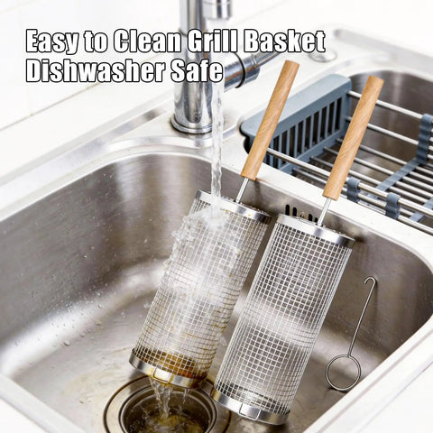 Two Pack Stainless Steel Grill Basket With Removable Beech Wood Handle For Vegetables Shrimp And Fish Portable Camping BBQ Grilling Net in sink