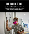 Person wearing Pink P100 Particulate Filters 2091 07000 Two Pack For Non Oil Based Particulates in worksite setting