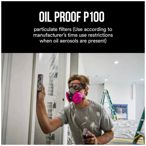 Person wearing Pink P100 Particulate Filters 2091 07000 Two Pack For Non Oil Based Particulates in worksite setting