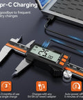 Rechargeable Digital Caliper 6 Inch 150 mm Stainless Steel With IP54 Protection next to laptop with Type C charging cable