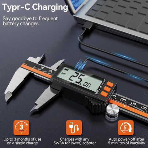 Rechargeable Digital Caliper 6 Inch 150 mm Stainless Steel With IP54 Protection next to laptop with Type C charging cable