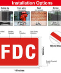 Rock Solid 2 Pack FDC Sign For Fire Department Connection Made From Premium Aluminum, 10x7 inches, installation options shown.