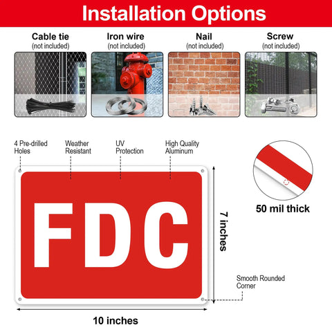 Rock Solid 2 Pack FDC Sign For Fire Department Connection Made From Premium Aluminum, 10x7 inches, installation options shown.