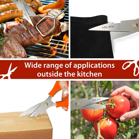 Heavy Duty Kitchen Shears All In One Multi Function Scissors Dishwasher Safe Poultry Shears Food Grade Stainless Steel Sharp Utility Scissors For Meat Fish Bones Veggies Noodles Pizza White shown cutting steak, cardboard, and tomatoes
