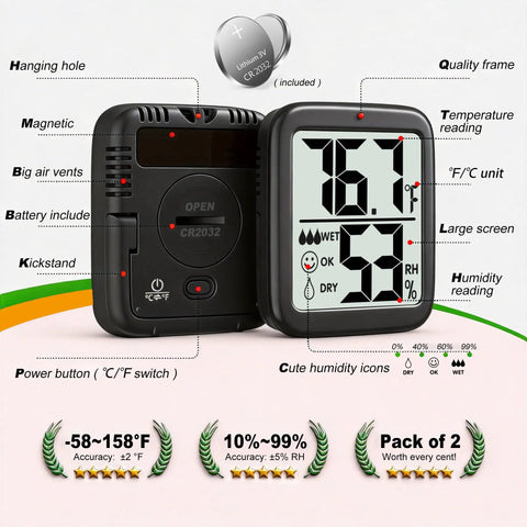 2 Pack Indoor Thermometer And Hygrometer With Real Time Temperature And Humidity Readings, Dual Sensors For More Accurate Monitoring, Wide Range From -58 To 158 F Or -50 To 70 C, 10% To 99% RH For Home And Office. Black digital indoor thermometer and hygrometer with LCD display and battery