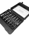 Heavy Duty Forstner Bit Set in carrying case displaying 14 bits for precise drilling in woodworking projects.