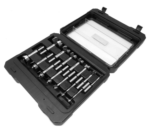 Heavy Duty Forstner Bit Set in carrying case displaying 14 bits for precise drilling in woodworking projects.