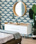 Bedroom with Denim Blue Feather Flock Peel And Stick Wallpaper Removable Self Adhesive For Walls And DIY Decor No Glue Needed Mess Free Application Made In USA 20.5 X 16.5 Ft, featuring a dresser and plants.