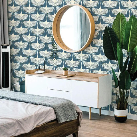 Bedroom with Denim Blue Feather Flock Peel And Stick Wallpaper Removable Self Adhesive For Walls And DIY Decor No Glue Needed Mess Free Application Made In USA 20.5 X 16.5 Ft, featuring a dresser and plants.