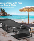 Face Hole Tanning Loungers Set Of 2 Folding Outdoor Lounge Chairs With Five Position Recline shown by the beach with umbrella