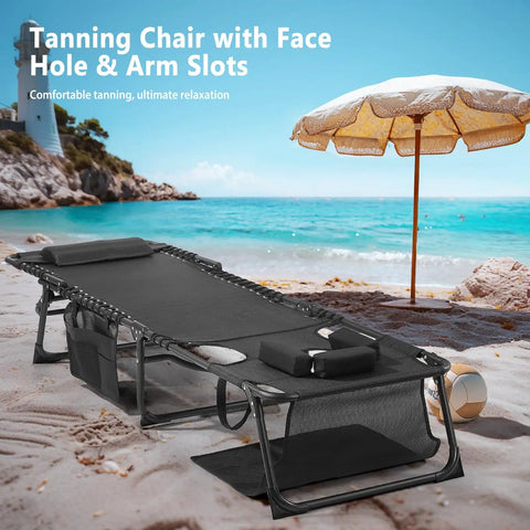 Face Hole Tanning Loungers Set Of 2 Folding Outdoor Lounge Chairs With Five Position Recline shown by the beach with umbrella