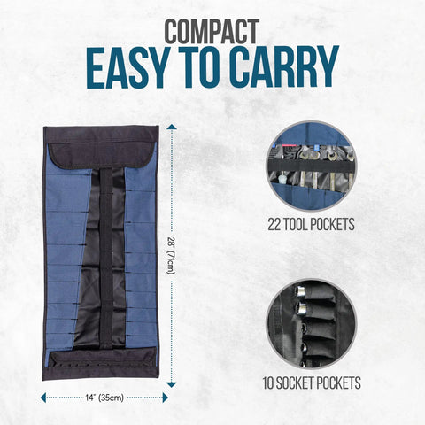 32 Pocket Tool Roll Organizer With 22 Pockets And 10 Socket Holders display, dimensions 28x14 inches