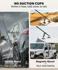 Heavy Duty Magnetic Car Mount For Insta360 And Action Cam With N52 Magnet shown in rain and snow conditions for secure filming.