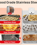 Top Shelf Heavy Duty 12 Tray Food Dehydrator With 800W Dual Fan And 48H Timer, showing stainless steel racks and heat resistant features.