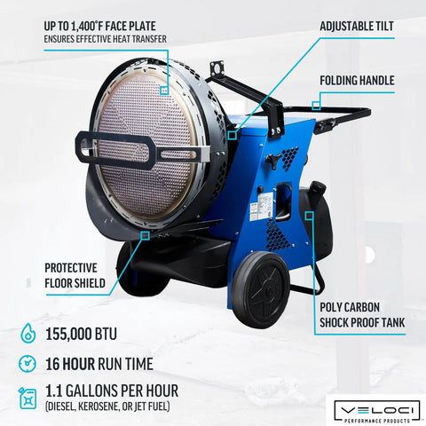 Heavy Duty 155000 BTU Portable Infrared Radiant Heater With Dual Heating Setup For Blazing Job Site Warmth That Kicks Serious Heat Through The Chillest Worksites with adjustable tilt and folding handle.