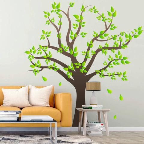 Giant Cartoon Brown Tree Wall Decals Set, Peel and Stick Leaves, Removable Wall Sticker in living room setting