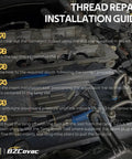 Thread repair installation guide showing steps for using the Shop Grade Cylinder Head Bolt Thread Repair Kit 11.5 Millimeter By 1.5 Pitch Inserts.