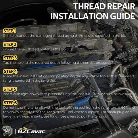 Thread repair installation guide showing steps for using the Shop Grade Cylinder Head Bolt Thread Repair Kit 11.5 Millimeter By 1.5 Pitch Inserts.
