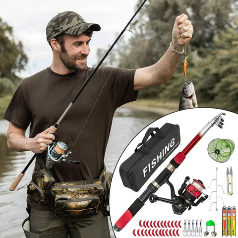 Fly Rod And Reel Combo For Travel And All Terrain Fishing with telescopic rod and kit shown with caught fish outdoors.