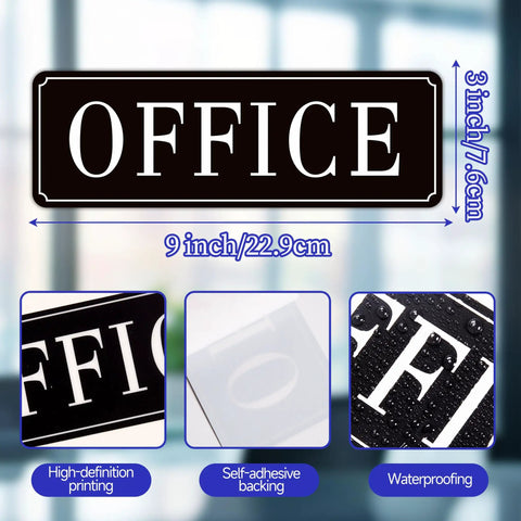 Self-Adhesive Office Door Sign For Home And Business, Waterproof And Fade-Resistant Modern Matte Black Sticker, shown in multiple angles, 9 Inches Long By 3 Inches Wide, Easy Peel And Stick.