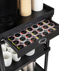 Three Tier Rolling Utility Cart With Secure Locking Casters, showing K-Cup drawer and cups for efficient beverage organization.