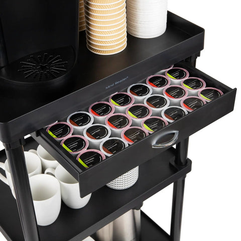 Three Tier Rolling Utility Cart With Secure Locking Casters, showing K-Cup drawer and cups for efficient beverage organization.