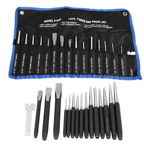 Heavy Duty 16 Piece Punch And Chisel Set With Pin Punch And Center Taper Tools, heat-treated steel set in roll case